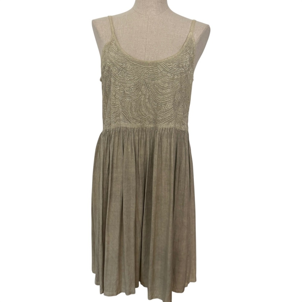 New Cute Options Dress Boho Beachy Sage Green Embroidered Sleeveless Size Large